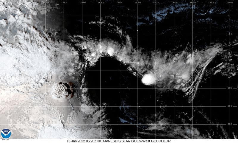 A white plume rises over Tonga when the underwater volcano Hunga Tonga-Hunga Ha'apai erupted