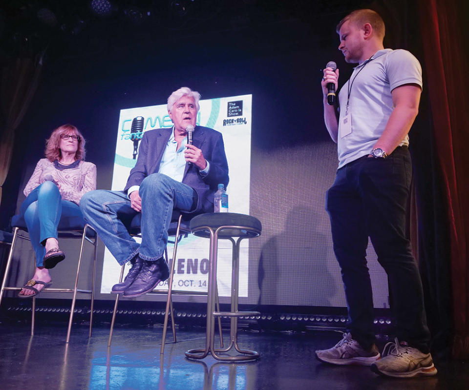 From left Carol Leifer, Jay Leno and camper Daniel May.