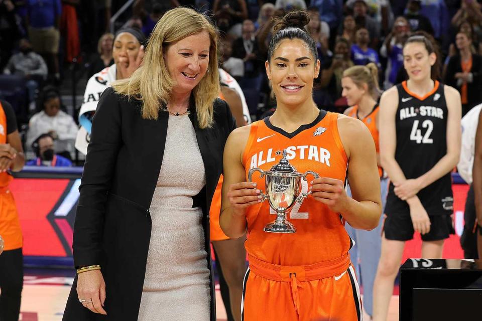 Kelsey Plum #10 of Team Wilson is presented with the MVP trophy during the 2022 AT&T WNBA All-Star Game at the Wintrust Arena on July 10, 2022 in Chicago, Illinois.