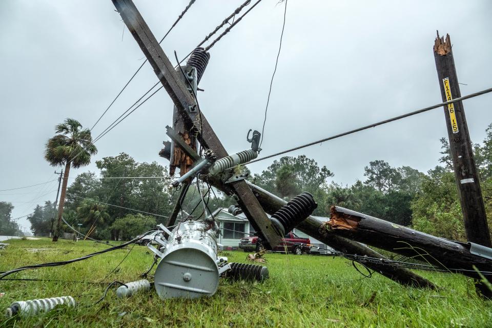 A fallen power pole after Hurricane Idalia made landfall near Keaton Beach, Florida (EPA)