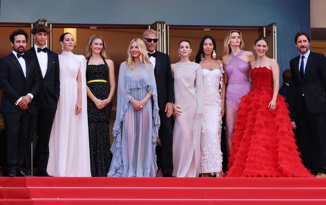 <p>Max Cisotti/Dave Benett/Getty</p> Kevin Costner (middle) with the cast of 'Horizon: An American Saga' on the red carpet at Cannes Film Festival on May 18, 2024