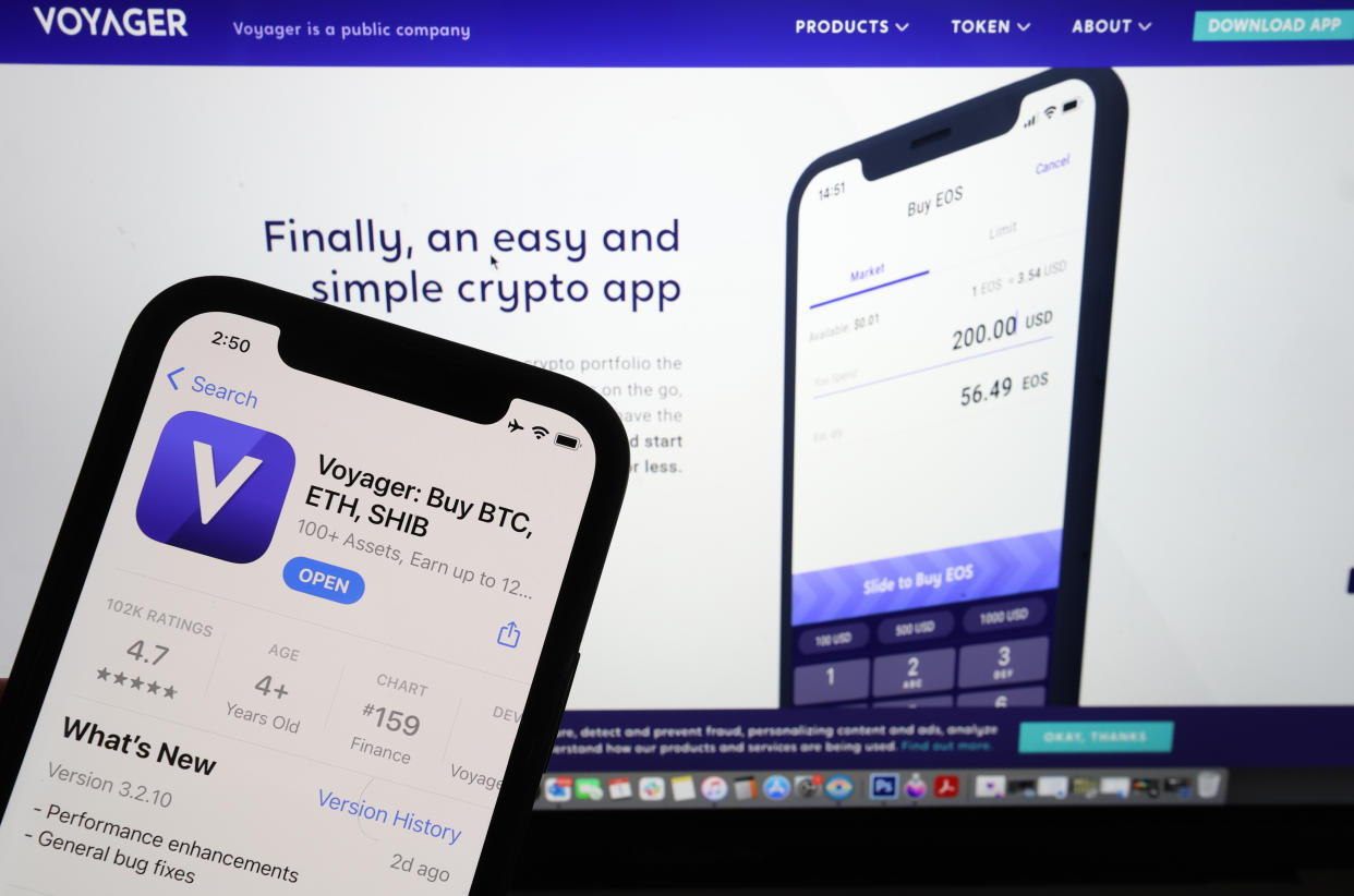 SAN ANSELMO, CALIFORNIA - JULY 01: In this photo illustration, the Voyager Digital app is visible on an iPhone screen on July 01, 2022 in San Anselmo, California. Voyager Digital, a digital asset brokerage, announced through a statement that the company has paused all account activity, including customer trading, deposits and withdrawals. The announcement comes at a time where defaults and margin calls are being seen across the crypto sector as a broad market selloff of cryptocurrency continues. (Photo  illustration by Justin Sullivan/Getty Images)