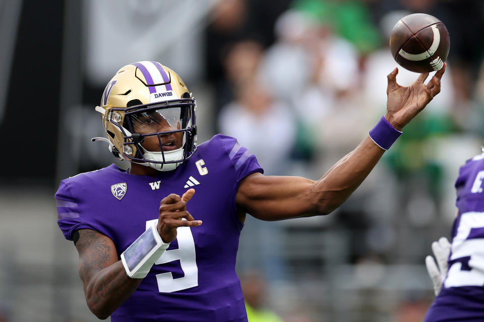 SEATTLE, WASHINGTON - OCTOBER 14: Michael Penix Jr. #9 of the Washington Huskies passes against the Oregon Ducks during the third quarter at Husky Stadium on October 14, 2023 in Seattle, Washington. (Photo by Steph Chambers/Getty Images)