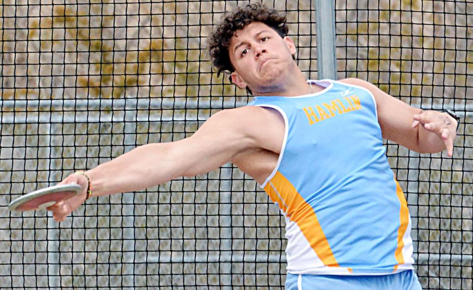 Cristhian Rodriguez of Hamlin takes his turn in the boys' discus during the Pat Gilligan Alumni track and field meet on Tuesday, April 25, 2023 in Estelline.