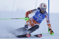 Slovakia's Petra Vlhova speeds down the course during an alpine ski, women's World Cup slalom, in Spindleruv Mlyn, Czech Republic, Sunday, Jan. 29, 2023. (AP Photo/Giovanni Maria Pizzato)