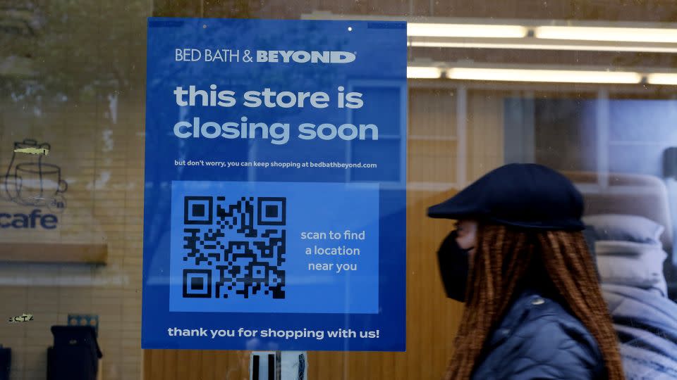 A woman walks near a closed store of Bed Bath & Beyond on April 24, 2023 in New York City. Bed Bath & Beyond filed for bankruptcy protection after the struggling failed to secure enough founds to stay open. - Leonardo Munoz/VIEWpress/Corbis/Getty Images