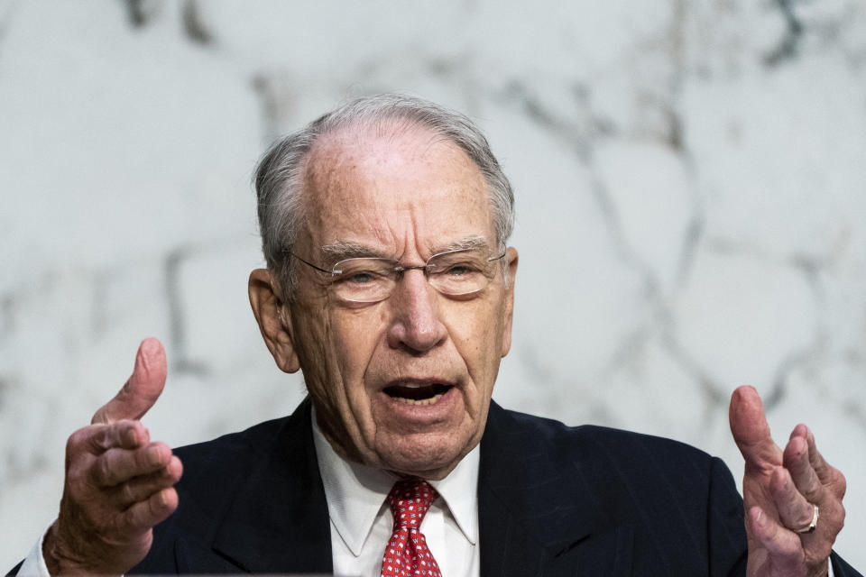 Sen. Chuck Grassley, R-Iowa, speaks during the confirmation hearing for Supreme Court nominee Amy Coney Barrett, before the Senate Judiciary Committee, Wednesday, Oct. 14, 2020, on Capitol Hill in Washington. (Erin Schaff/The New York Times via AP, Pool)