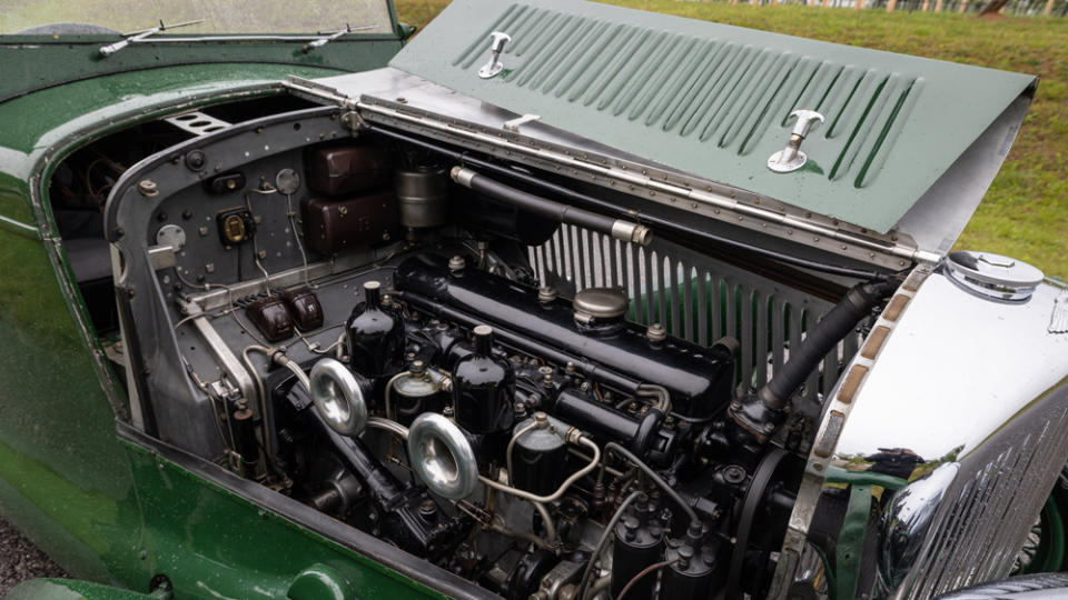 The 4.25-liter inline-six engine inside the 1933 Bentley 4 ¼ Liter "Eddie Hall" race car. 