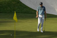 Jordan Spieth watches his putt on the 16th green during the final round of the Masters golf tournament on Sunday, April 11, 2021, in Augusta, Ga. (AP Photo/Charlie Riedel)