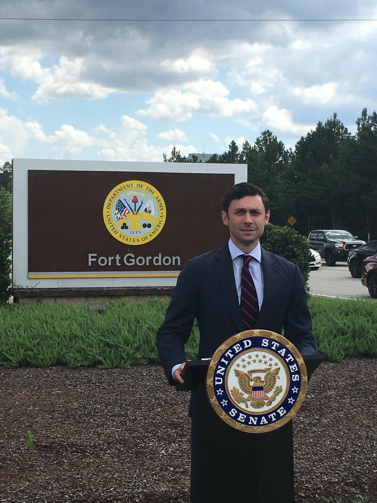 FILE - Sen. Jon Ossoff visited Fort Gordon on Friday, July 16, 2022. Ossoff, along with two Republican senators, recently sent a letter to the Department of Defense seeking an explanation as to the lack of date on military housing.