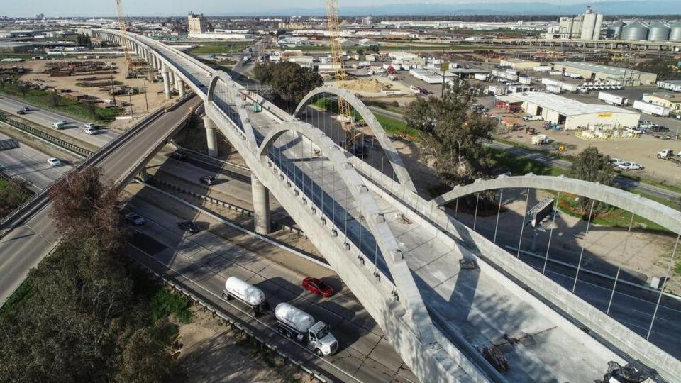 The Cedar Avenue viaduct of the California High-Speed Rail project crosses over Highway 99 south of Fresno while still under construction on Friday, Feb. 17, 2023.