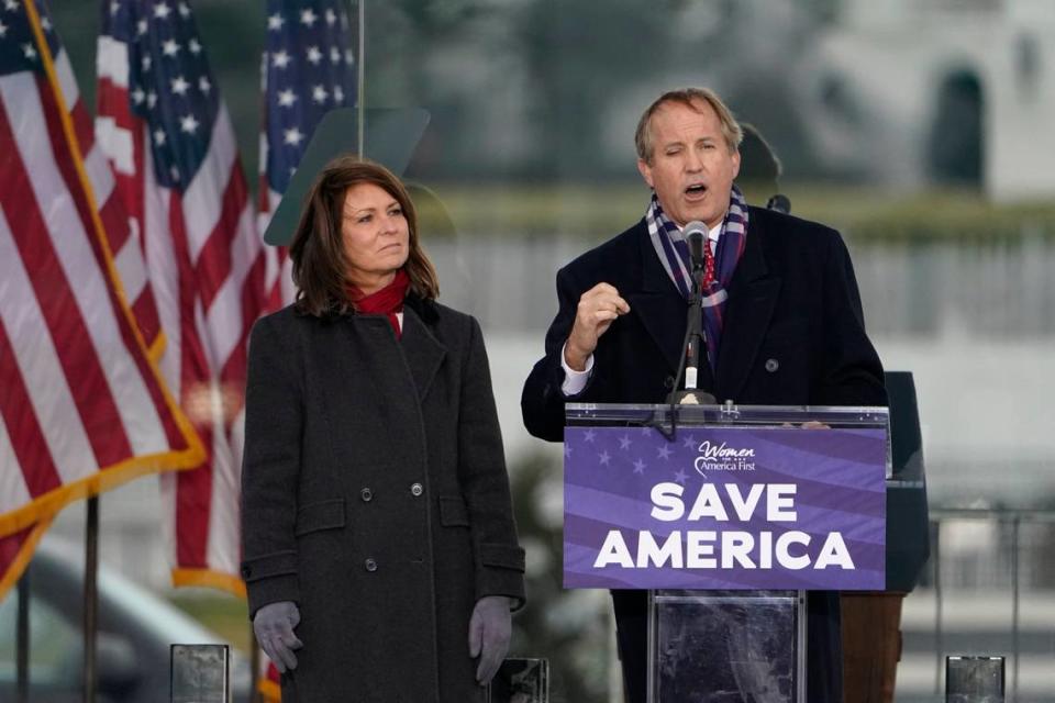 Texas Attorney General Ken Paxton speaking at President Donald Trump’s rally before the Capitol riot on Jan. 6, 2021. The public has a right to see Paxton’s official communications from that day, but he’s fighting it. (AP Photo/Jacquelyn Martin, File)