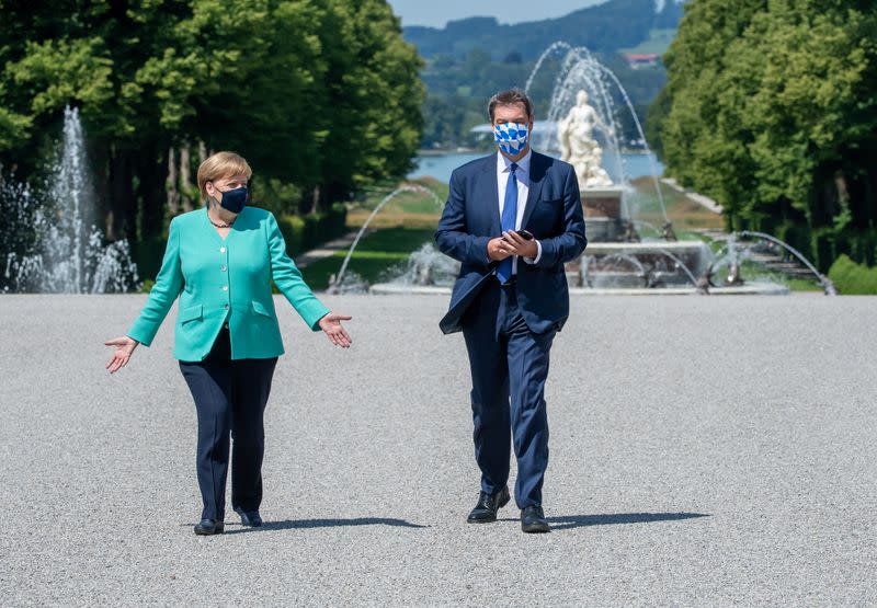 German Chancellor Merkel attends Bavarian cabinet meeting at Herrenchiemsee Island