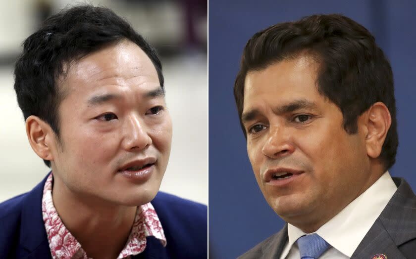 David Kim participates in a Town Hall at Glassell Park Center in Los Angeles. Representative Jimmy Gomez talks about the expanded Child Tax Credit at a press conference held at Barrio Action Youth and Family Center. (Genaro Molina / Los Angeles Times) (Irfan Khan / Los Angeles Times)