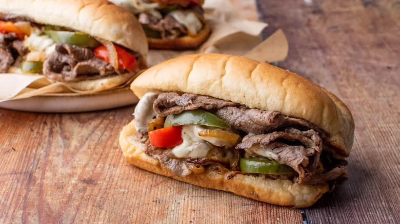 Steak, cheese, and pepper hot Philly cheesesteak sandwiches