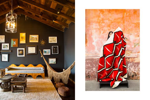 <p>Joaquin Trujillo</p> From left: A suite at Casa Palopó, which showcases works by contemporary and Indigenous Guatemalan artists; Reyna Amairani with a rug from Que Onda Vos, the boutique where she works.