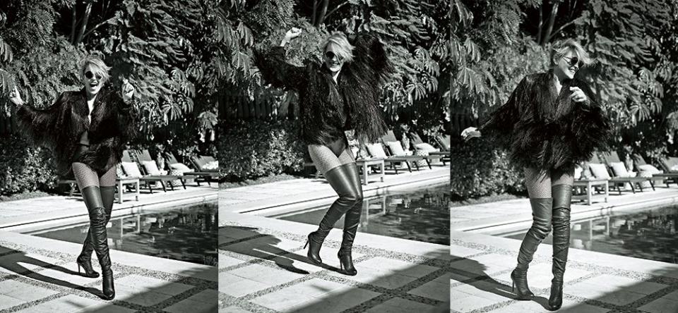 Sharon wears: coat, vintage Gianfranco Ferré; underwear, Fleur du Mal; tights, Wolford; boots, Christian Louboutin; sunglasses, Afflelou - Michael Muller 