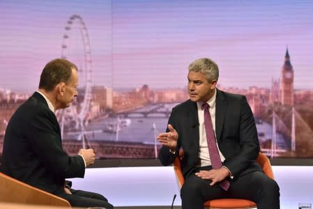 Brexit Secretary Stephen Barclay appears on BBC TV's The Andrew Marr Show in London