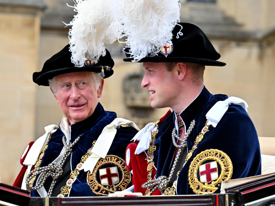 WINDSOR, UNITED KINGDOM - JUNE 13: (EMBARGOED FOR PUBLICATION IN UK NEWSPAPERS UNTIL 24 HOURS AFTER CREATE DATE AND TIME) Prince Charles, Prince of Wales and Prince William, Duke of Cambridge attend The Order of The Garter service at St George's Chapel, Windsor Castle on June 13, 2022 in Windsor, England. The Most Noble Order of the Garter, founded by King Edward III in 1348, is the oldest and most senior Order of Chivalry in Britain. (Photo by Pool/Max Mumby/Getty Images)