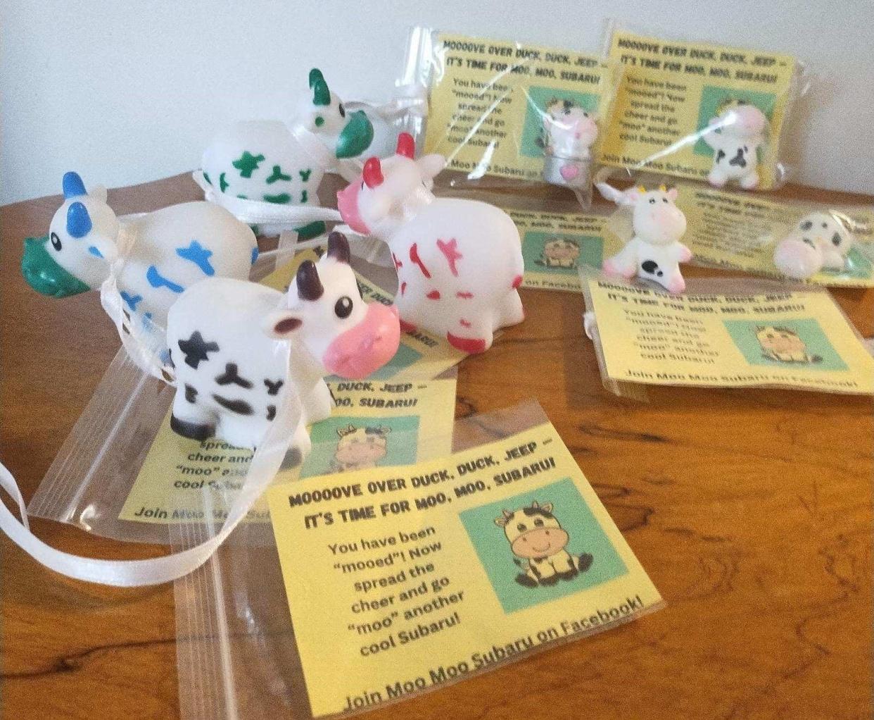 Members of the Moo Moo Subaru Facebook group like to place small rubber cows along with a note on Subarus they like.