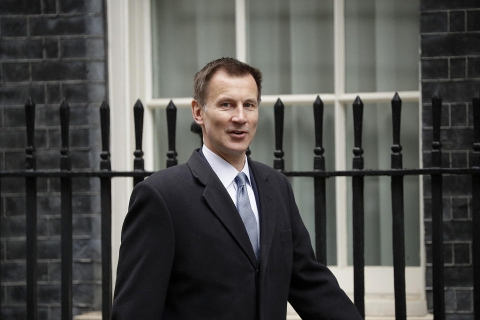 Britain's Foreign Secretary Jeremy Hunt arrives for a cabinet meeting at 10 Downing Street in London, Tuesday, March 19, 2019. (AP Photo/Matt Dunham)