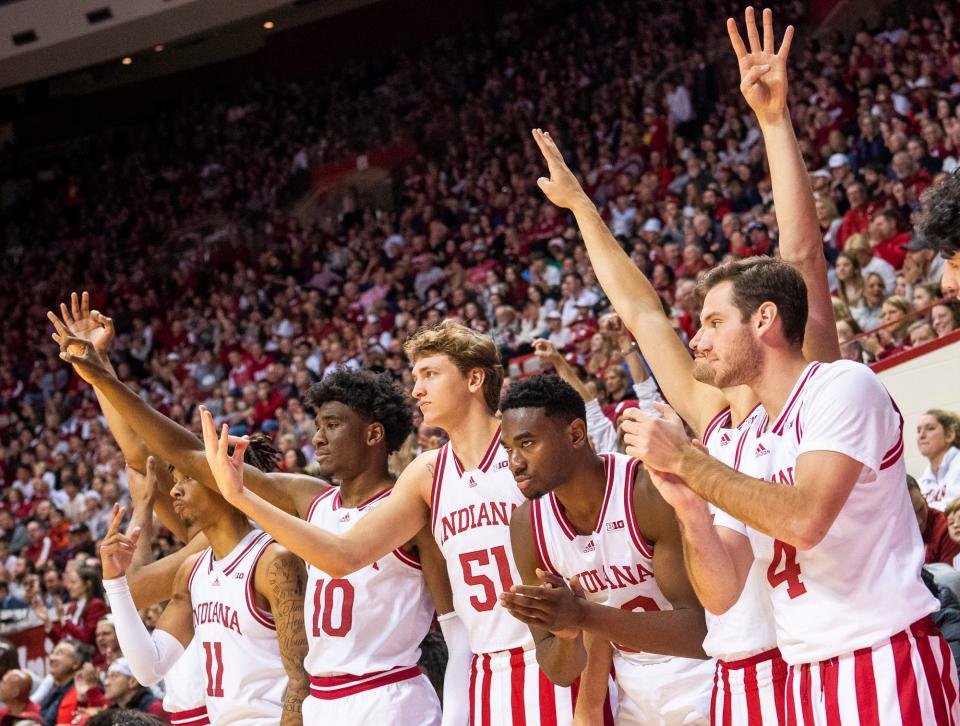 Indiana's bench celebrates a 3-pointer during the second half during the Indiana versus Jackson State men's basketball game at Simon Skjodt Assembly Hall on Friday, Nov. 25, 2022.