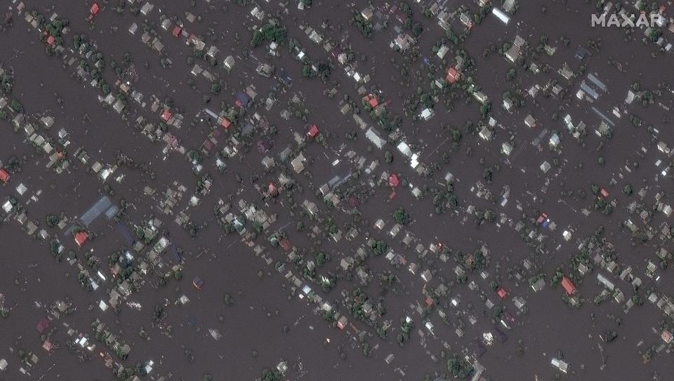 View of the town of Oleshky after the collapse of the Nova Kakhovka dam and the widespread flooding along villages and towns downstream from the dam.