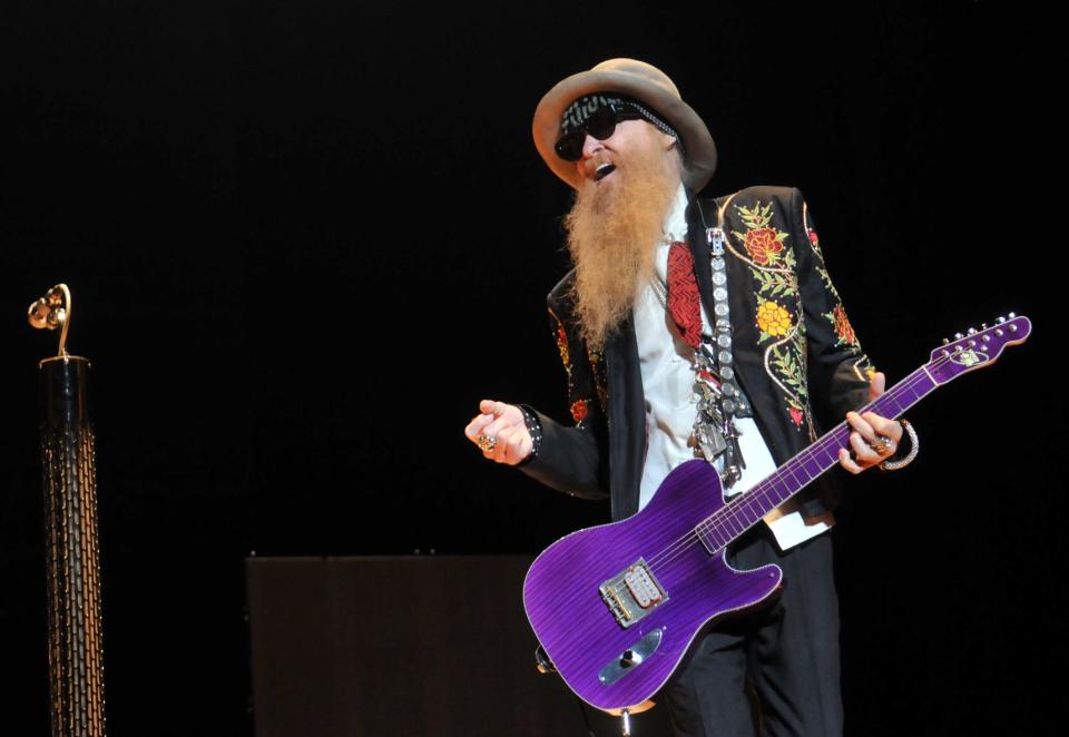 ZZ Top front man Billy Gibbons reacts during a performance Thursday night at the Johnny Mercer Theater in Savannah, Georgia.