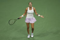 Aryna Sabalenka, of Belarus, reacts to a shot against Danielle Collins, of the United States, during the fourth round of the U.S. Open tennis championships, Monday, Sept. 5, 2022, in New York. (AP Photo/Adam Hunger)