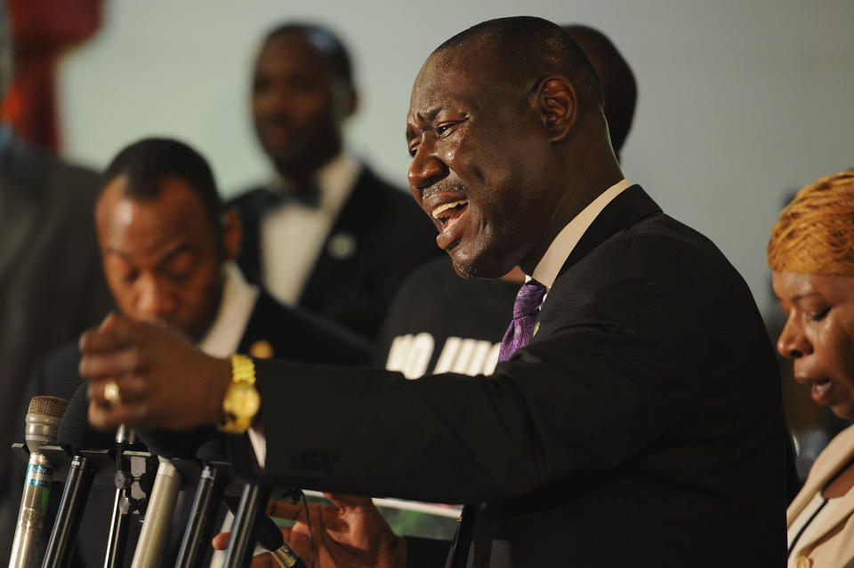 JENNINGS, MO - AUGUST 11: Attorney Benjamin L. Crump speaks to the media during a press conference regarding the shooting death of 18-year-old Michael Brown at Jennings Mason Temple Church of God In Christ, on August 11, 2014 in Jennings, Missouri. The fatal shooting by police of the unarmed teen in Ferguson, Missouri has sparked outrage in the community and set off civil unrest including looting and vandalism. (Photo by Michael B. Thomas/Getty Images)