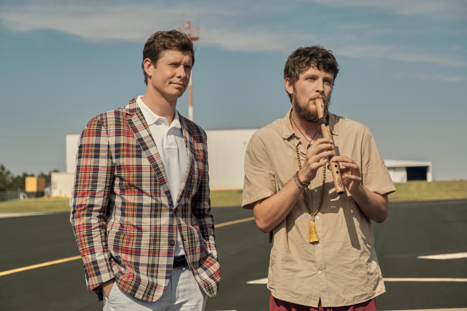 This image released by Lionsgate shows Anders Holm as Lucky and Brett Dier as Doug in a scene from "About My Father." (Dan Anderson/Lionsgate via AP)
