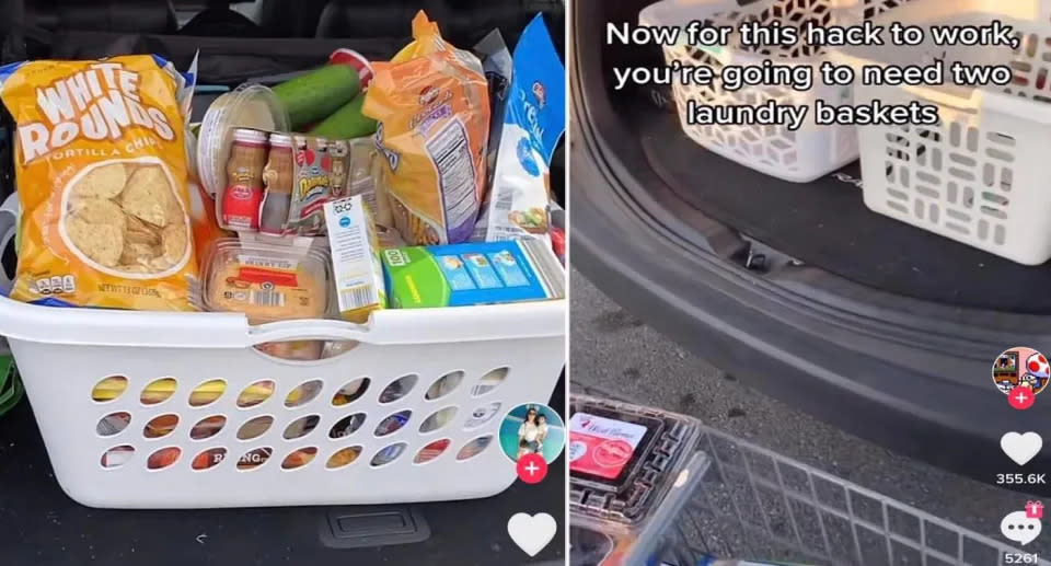 Screenshots from TikTok videos showing groceries in washing tubs. Source: TikTok/@amywwaters, @1980sgamer