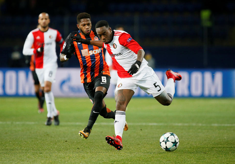 Soccer Football – Champions League – Shakhtar Donetsk vs Feyenoord – Metalist Stadium, Kharkiv, Ukraine – November 1, 2017 Feyenoord’s Ridgeciano Haps in action with Shakhtar Donetsk’s Fred REUTERS/Gleb Garanich