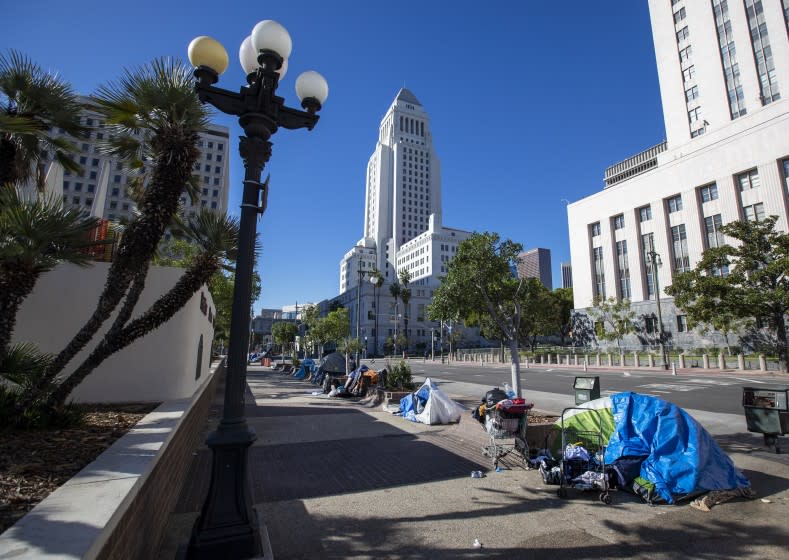 Los Angeles, CA - January 21: Homeless sleep in tents lining the sidewalk along Los Angeles Street downtown Los Angeles Thursday, Jan. 21, 2021. (Allen J. Schaben / Los Angeles Times)