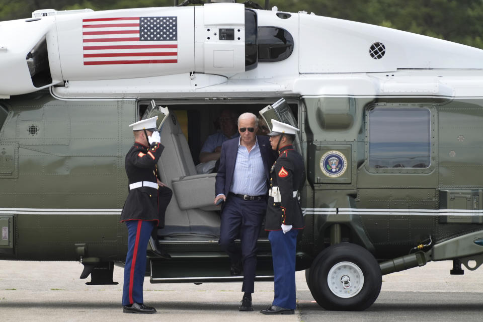 President Joe Biden arrives on Marine One at East Hampton Airport, Saturday, June 29, 2024, in East Hampton, N.Y. (AP Photo/Evan Vucci)