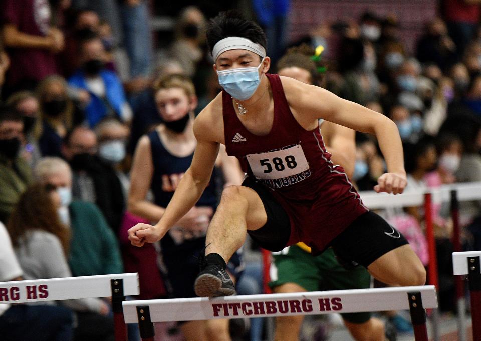 Westborough's Alan Nguyen, shown winning the 55-meter hurdles in last winter's District E Indoor Invitational, prevailed in the event at the MSTCA Speed Classic at the Reggie Lewis Center.