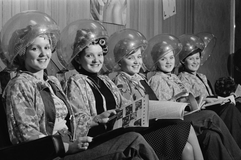 Irish girl group The Nolan Sisters at an hairdresser, UK, 6th November 1975; they are (not in order) Maureen, Anne, Bernie, Linda and Denise Nolan (Getty Images)