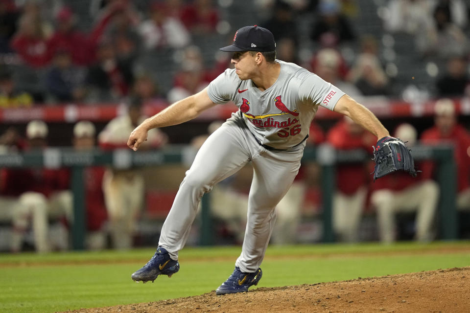 St. Louis Cardinals relief pitcher Ryan Helsley throws to the plate during the ninth inning of a baseball game against the Los Angeles Angels Tuesday, May 14, 2024, in Anaheim, Calif. (AP Photo/Mark J. Terrill)