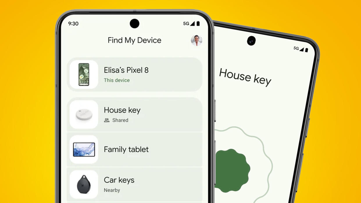  Two Android phones on a yellow background showing Google's new Find My Device network. 