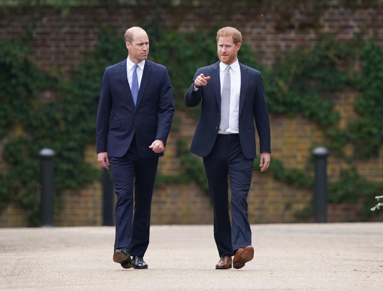 The Duke of Cambridge and Duke of Sussex arrive for the unveiling of a statue they commissioned of their mother Diana, Princess of Wales in the Sunken Garden at Kensington Palace, London, on what would have been her 60th birthday. Picture date: Thursday July 1, 2021.