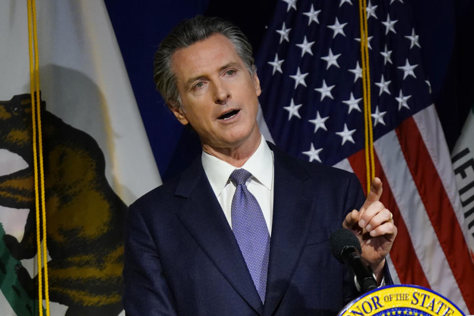 FILE - California Gov. Gavin Newsom speaks during a news conference in Sacramento, Calif., on Jan. 10, 2022. On Friday, Feb. 18, 2022, California Gov. Gavin Newsom announced legislation aimed at letting private citizens file lawsuits to enforce a ban on assault weapons. The bill is modeled after a Texas law that lets private citizens enforce a ban on abortions once a fetal heartbeat is detected. (AP Photo/Rich Pedroncelli, File)
