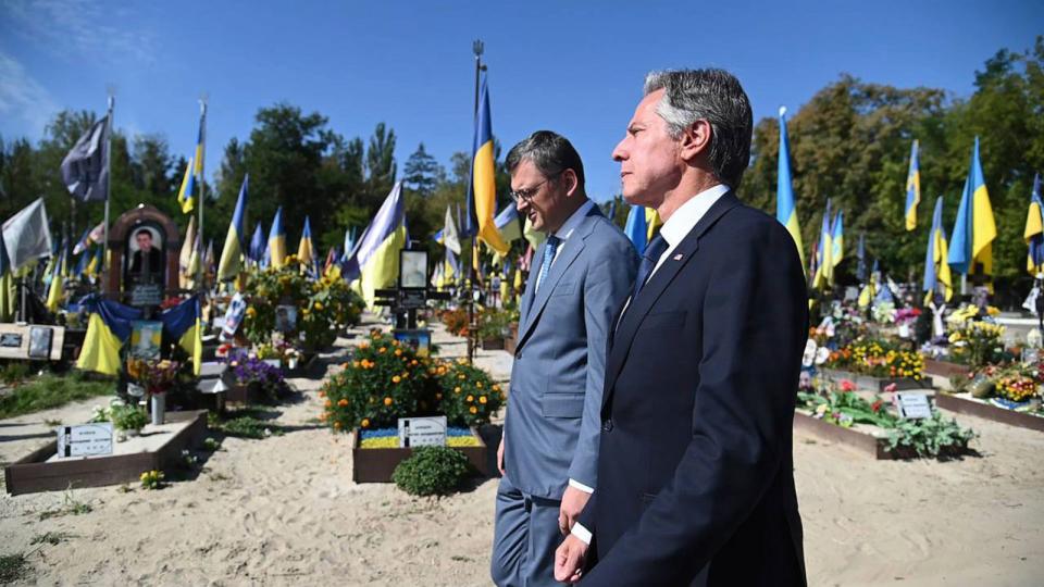 PHOTO: In this photo provided by Ukrainian Ministry of Foreign Affairs, U.S. Secretary of State Antony Blinken, right, and Ukrainian Foreign Minister Dmytro Kuleba, walk at the Alley of Heroes at the Berkovetske cemetery in Kyiv, Sept. 6, 2023. (Ukrainian Ministry Of Foreign Affairs/AP)