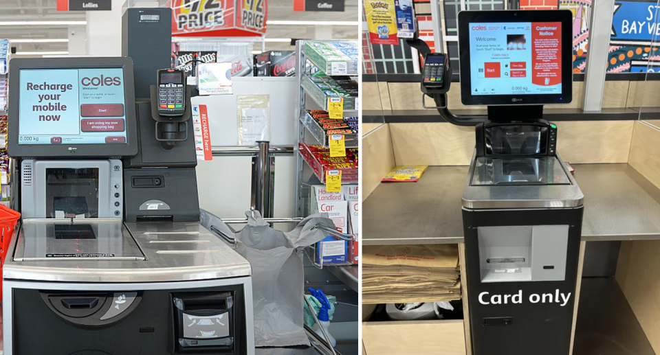 Left, an old Coles self checkout with scales in the bagging area. Right, the new self checkout with the area for your full basket and the bagging area looking the same.