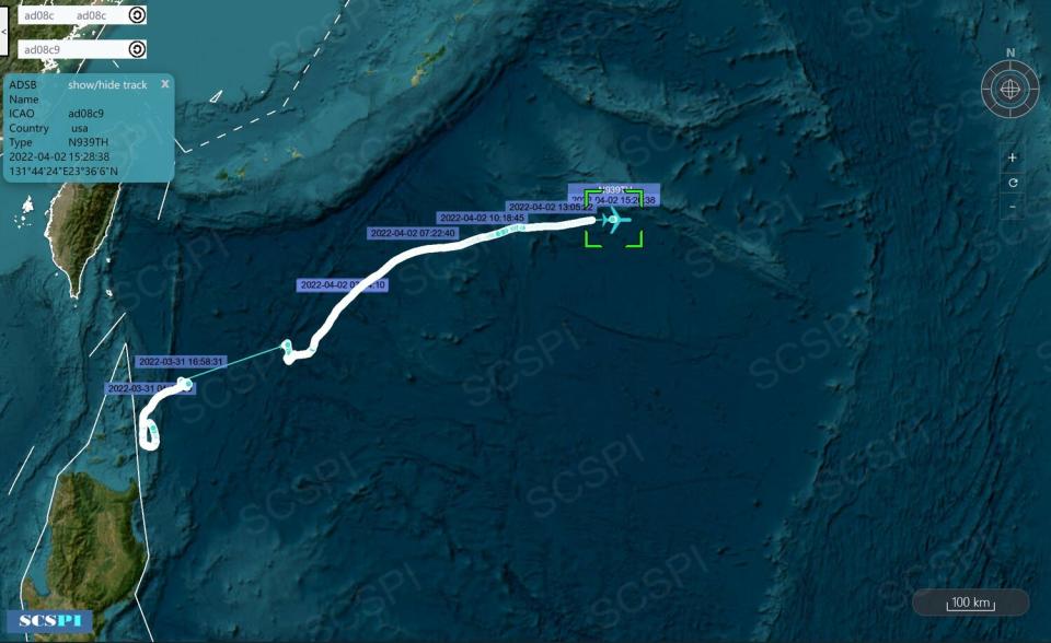 被指為平流層飛艇的AD08C9於3月30日-4月1日航跡。   圖：翻攝@SCS_PI推特