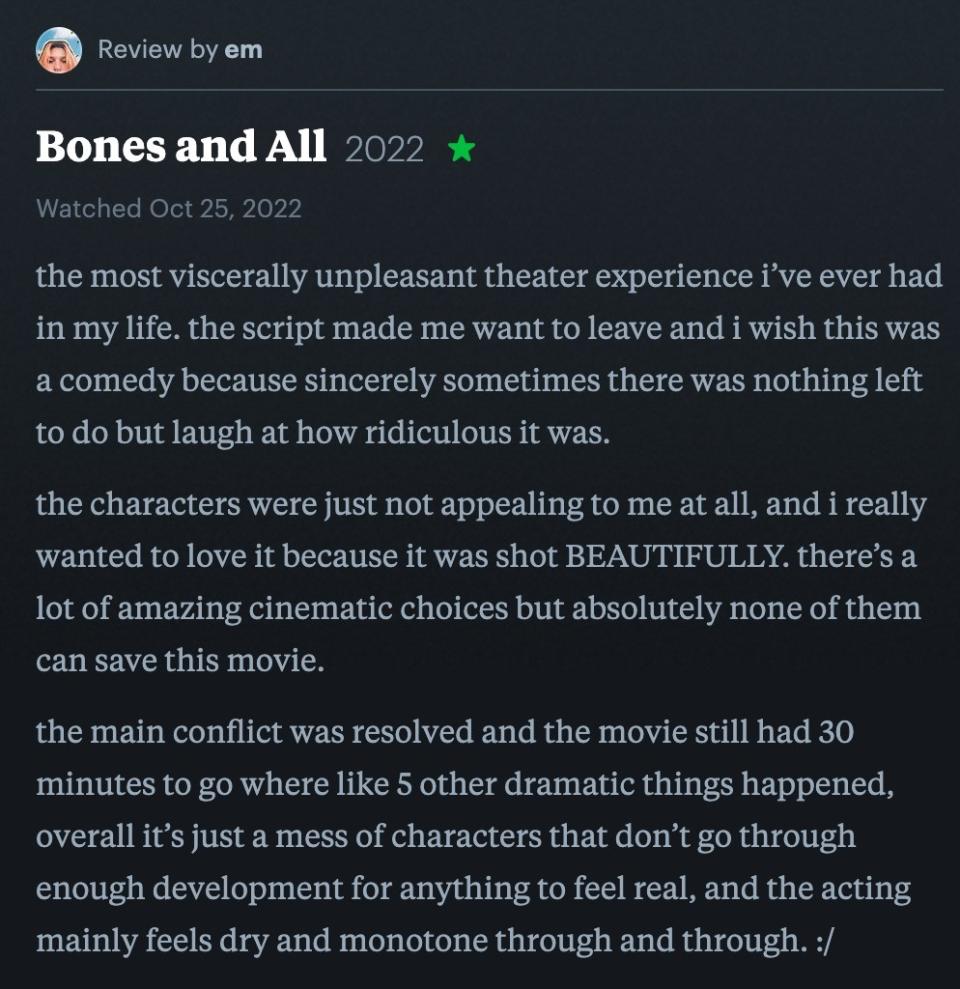1 star Letterboxd review for "Bones And All"