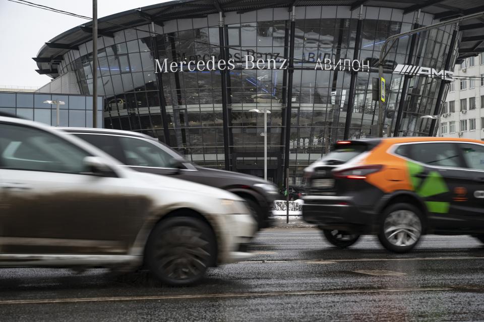 A view of the Dealership Mercedes-Benz "Avilon" in Moscow, Russia, Saturday, March 11, 2023. The auto industry is facing bigger hurdles to adapt. Western automakers, including Volkswagen and Mercedes-Benz, have left Russia, but foreign cars are still available but far fewer of them and for higher prices. (AP Photo/Dmitry Serebryakov)