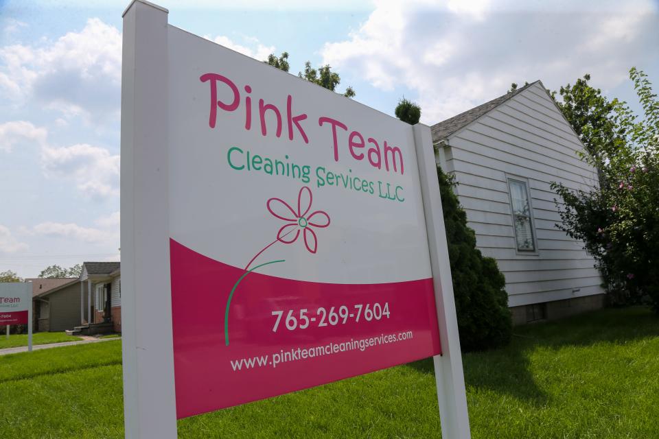 A photo of the Pink Team Cleaning Services sign, on Friday, Aug. 18, 2023, in Lafayette Ind.