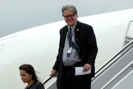 FILE PHOTO: White House Senior Counselor Steve Bannon arrives at Joint Base Andrews outside Washington, U.S., after a day trip to Lynchburg, Virginia with President Donald Trump, May 13, 2017. REUTERS/Yuri Gripas