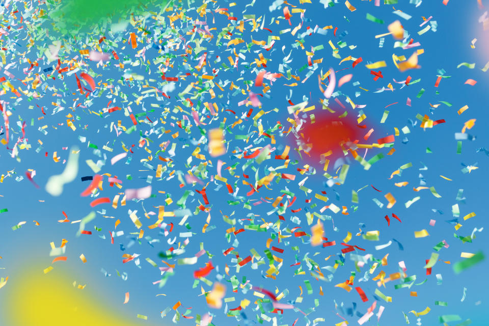 Low Angle View Of Confetti Against Clear Sky. (Photo: Getty)