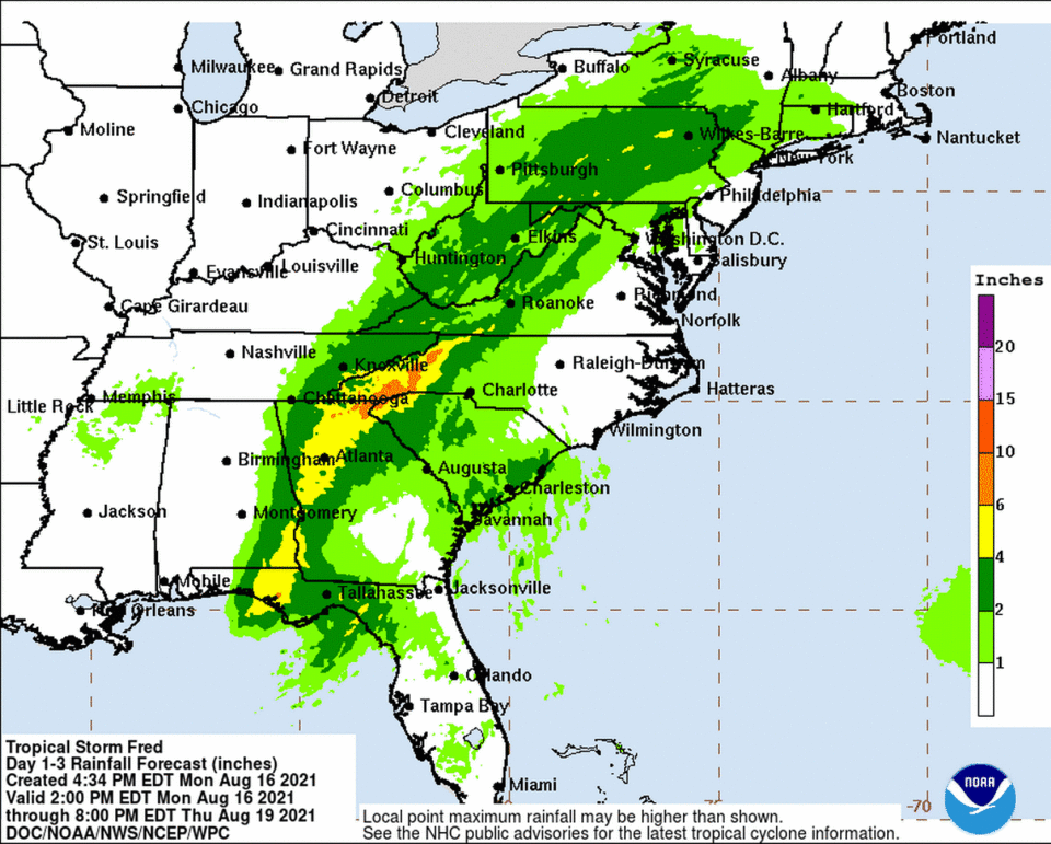 Rainfall forecasts for the Southeast after Tropical Storm Fred made landfall on Monday, Aug. 16, 2021.